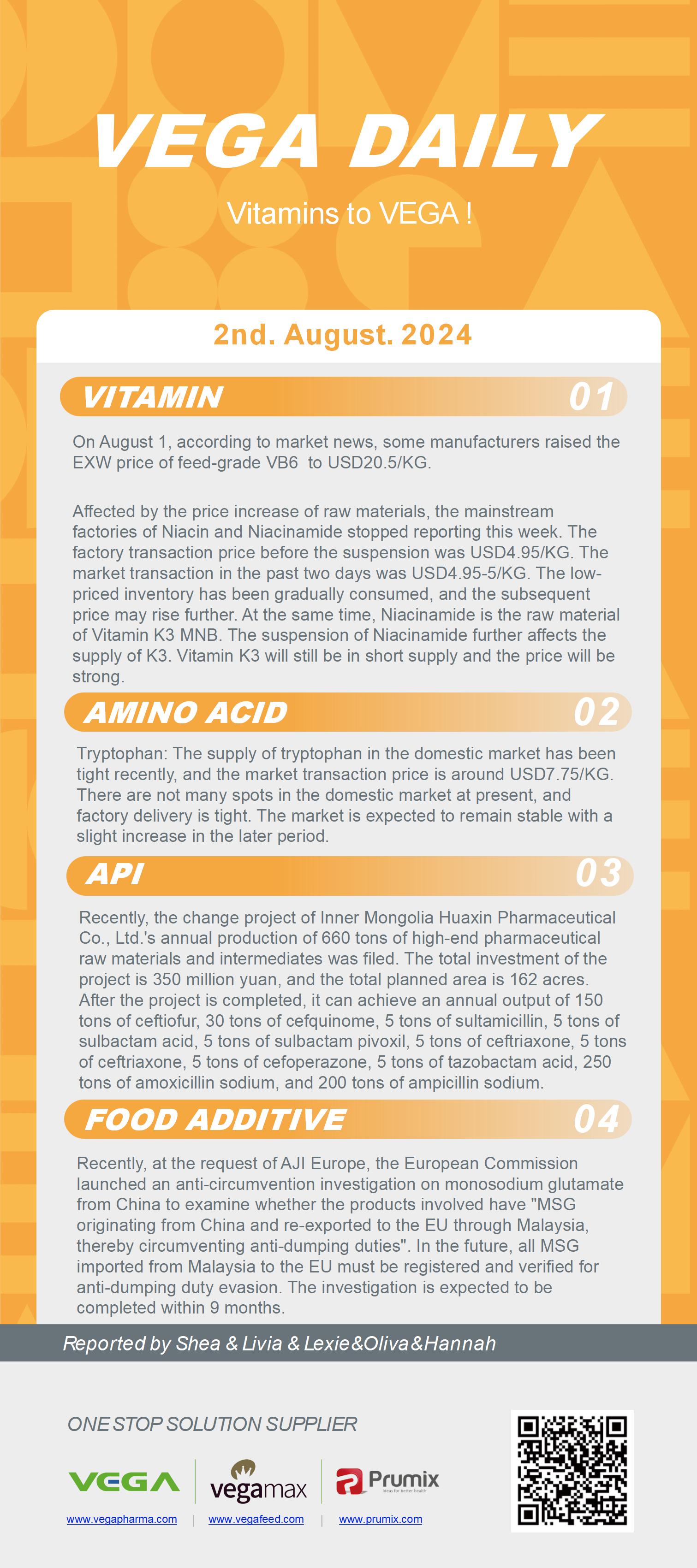 Vega Daily Dated on Aug 2nd 2024 Vitamin Amino Acid APl Food Additives.jpg